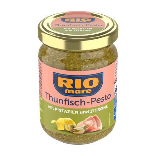 Jar of Rio Mare Tuna Pesto with pistachio and lemon on a white background