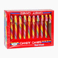 A 10-pack of ASBA Tutti Frutti candy canes in a red cardboard display box, sealed in clear plastic wrap. The candy canes feature colorful spiral patterns of pink, yellow, orange, green, and white.