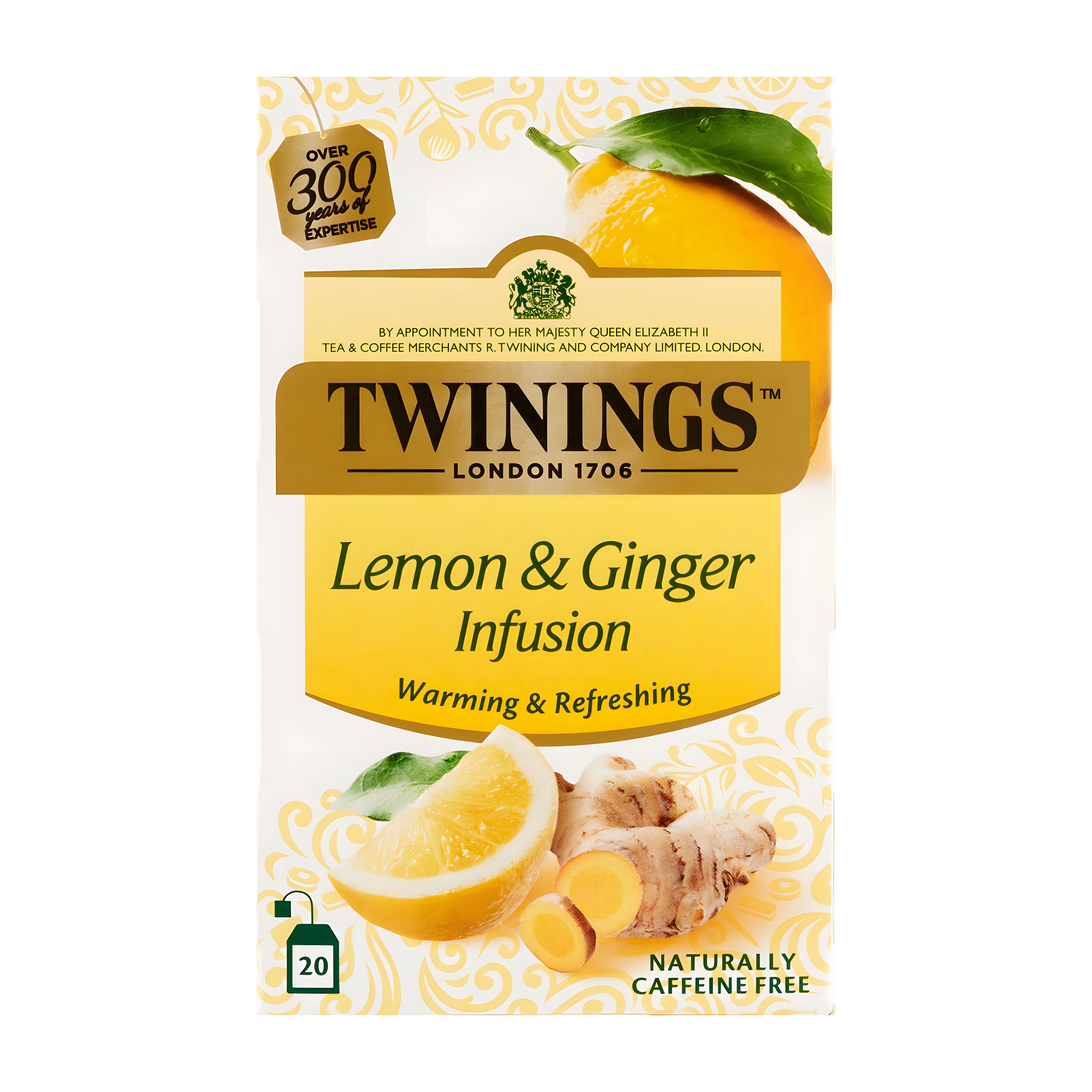 Twinings Lemon & Ginger Infusion tea package on a white background