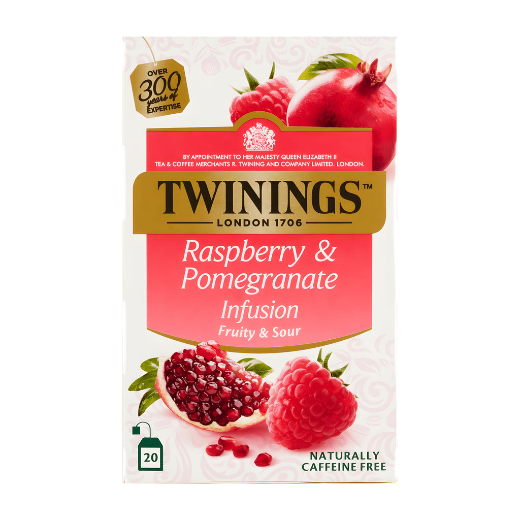 Twinings Raspberry & Pomegranate Infusion tea packaging on a white background