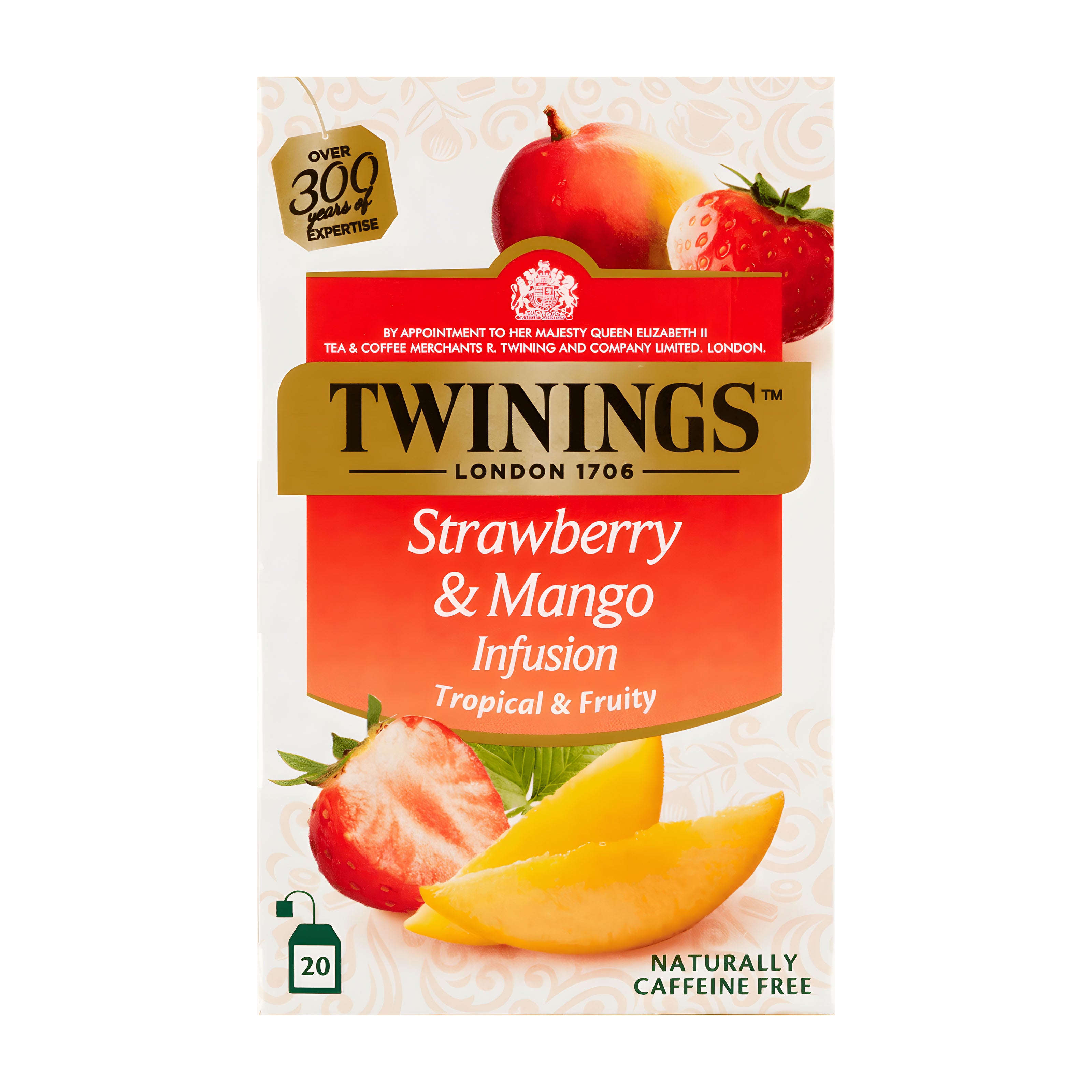 Twinings Strawberry & Mango Infusion tea package on a white background