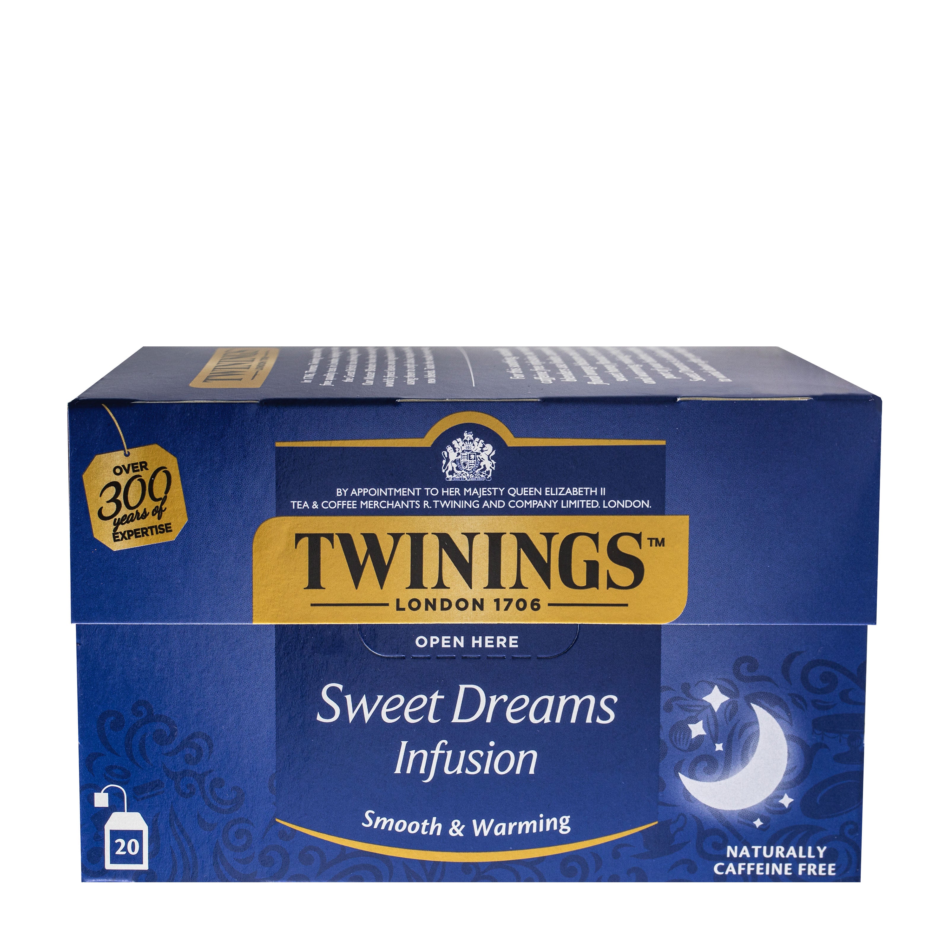 Box of Twinings Sweet Dreams Infusion herbal tea packaging on a white background
