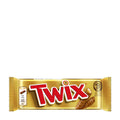 A Twix milk chocolate biscuit bar with a golden layer of caramel, wrapped in smooth milk chocolate.