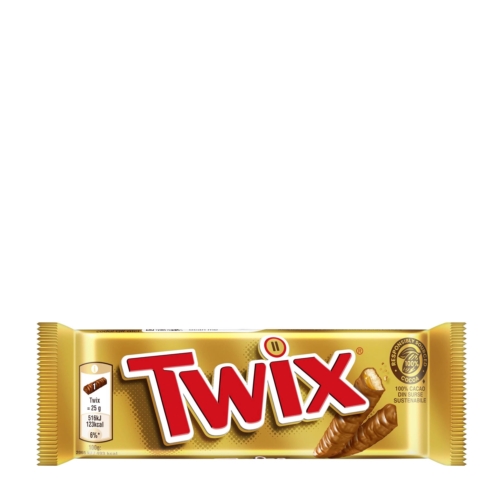 A Twix milk chocolate biscuit bar with a golden layer of caramel, wrapped in smooth milk chocolate.