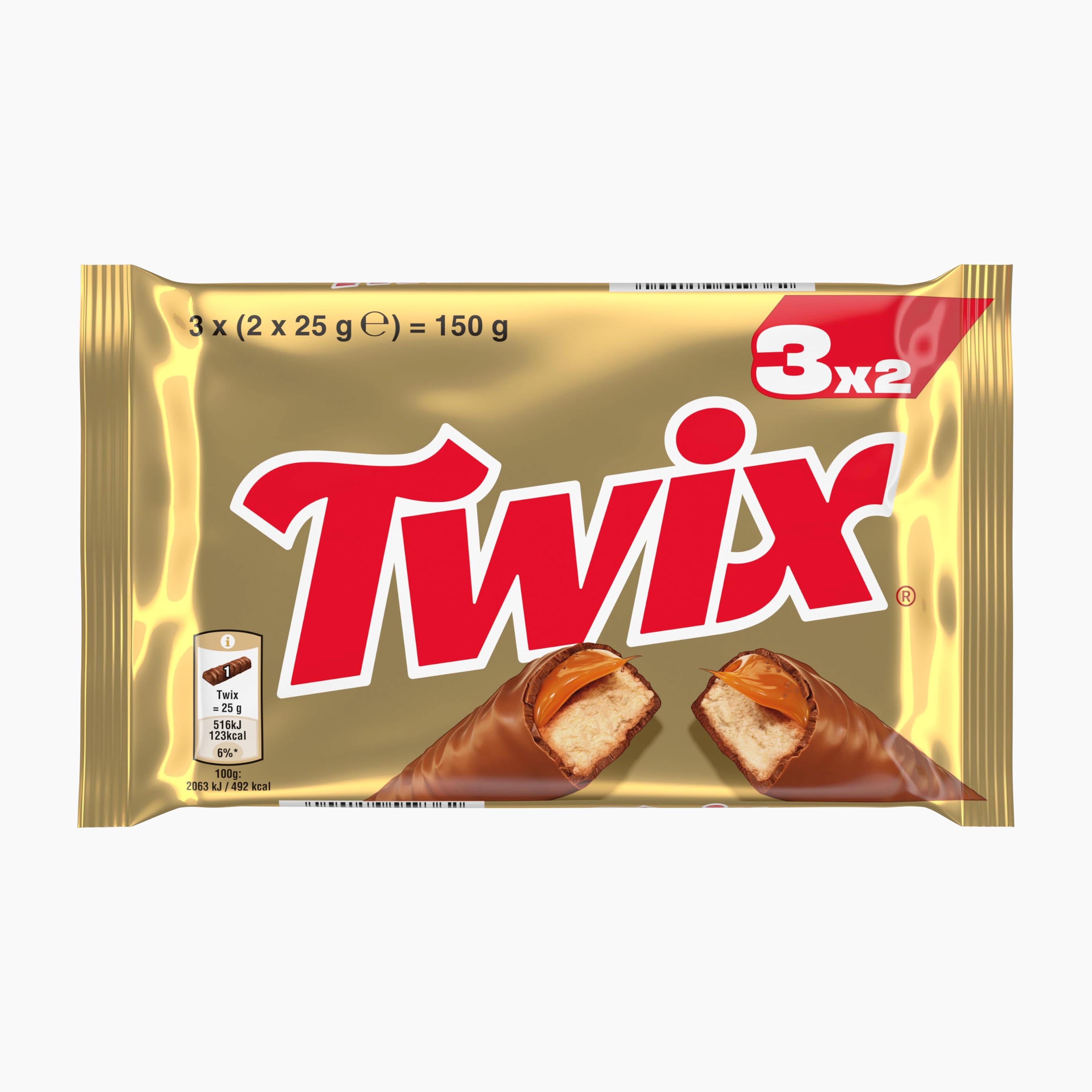 A package of 3x2 Twix biscuit bars in a shiny gold wrapper with the red Twix logo and images of the chocolate-coated candy bars on a white background.