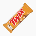 A Twix biscuit bar in its signature orange wrapper, shown diagonally on a plain white background. The wrapper features the red and white Twix logo and an illustration of a chocolate-covered biscuit with caramel.
