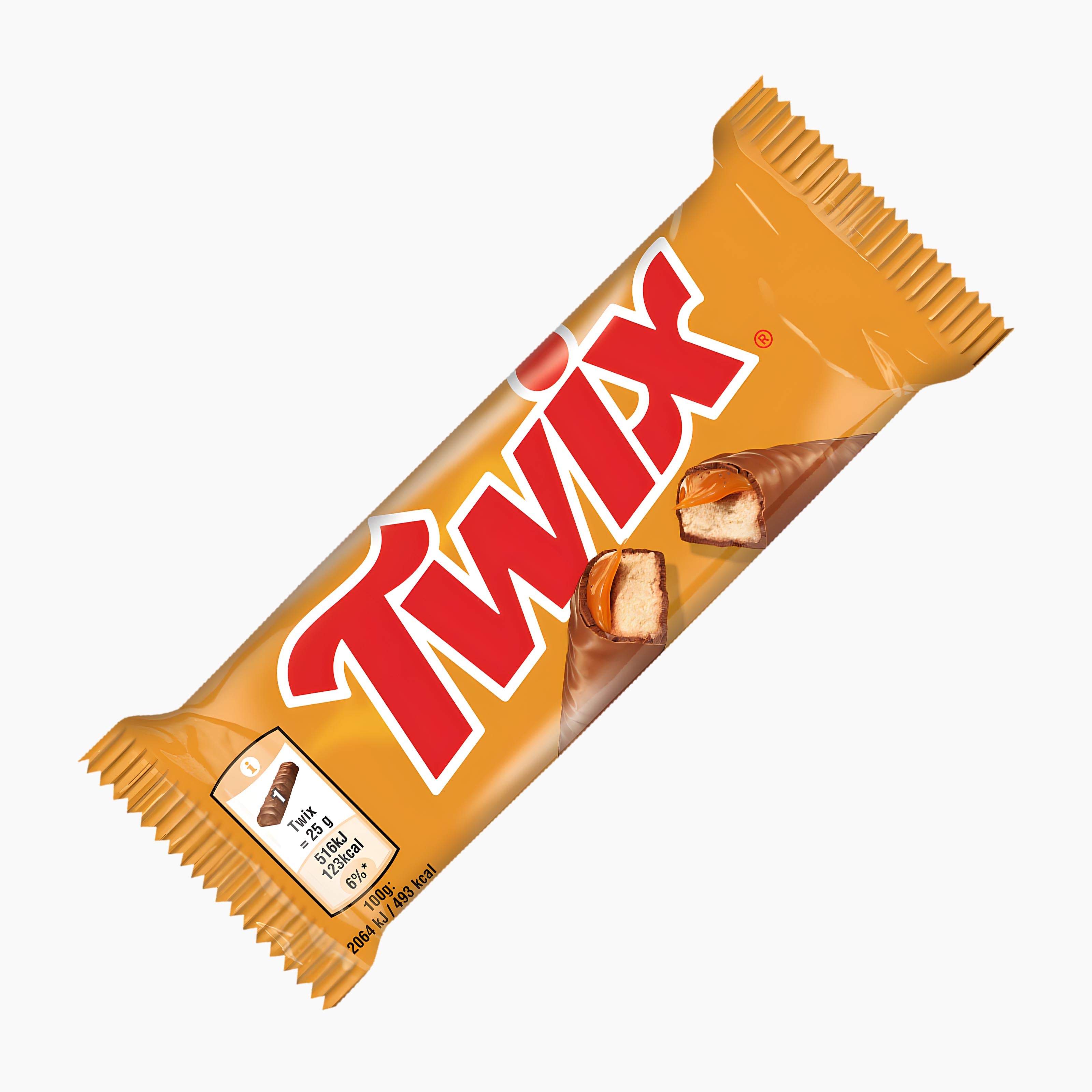 A Twix biscuit bar in its signature orange wrapper, shown diagonally on a plain white background. The wrapper features the red and white Twix logo and an illustration of a chocolate-covered biscuit with caramel.