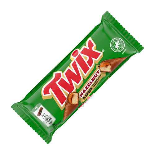 Twix Hazelnut milk chocolate biscuit bar packaging on a white background