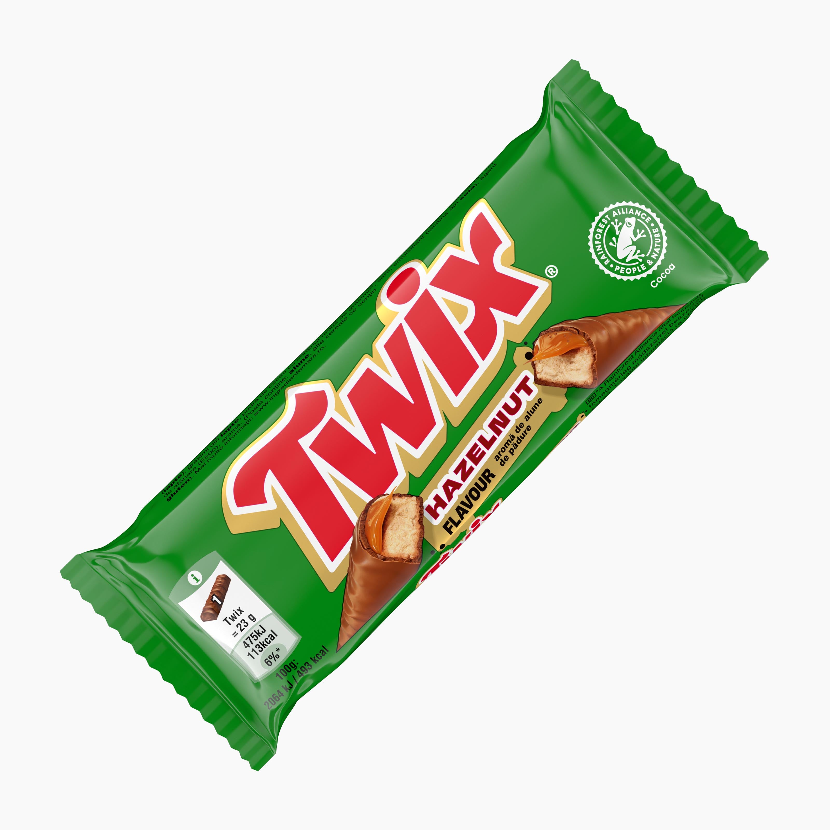 A Twix Hazelnut Flavour Biscuit Bar in its signature green wrapper, shown diagonally on a plain white background.
