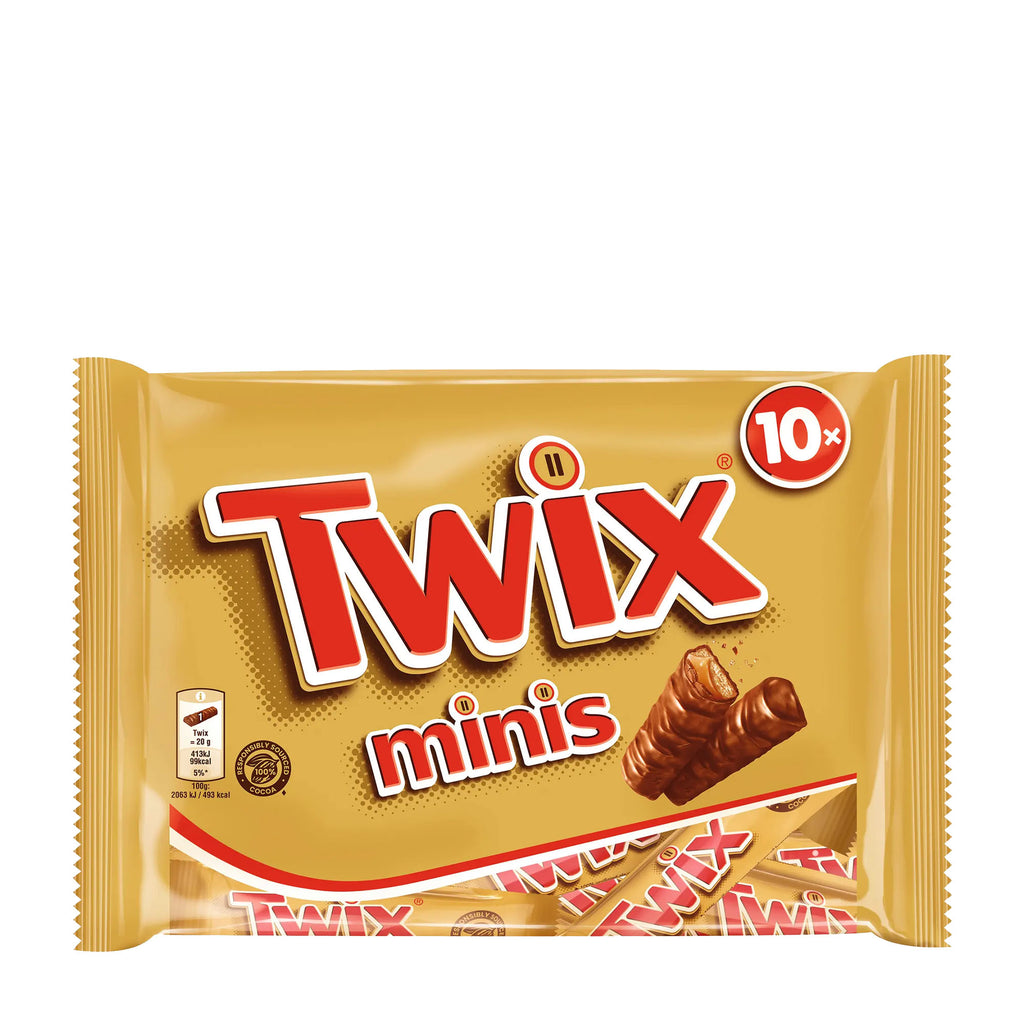 Packaging of Twix minis chocolate bars with gold and red design.