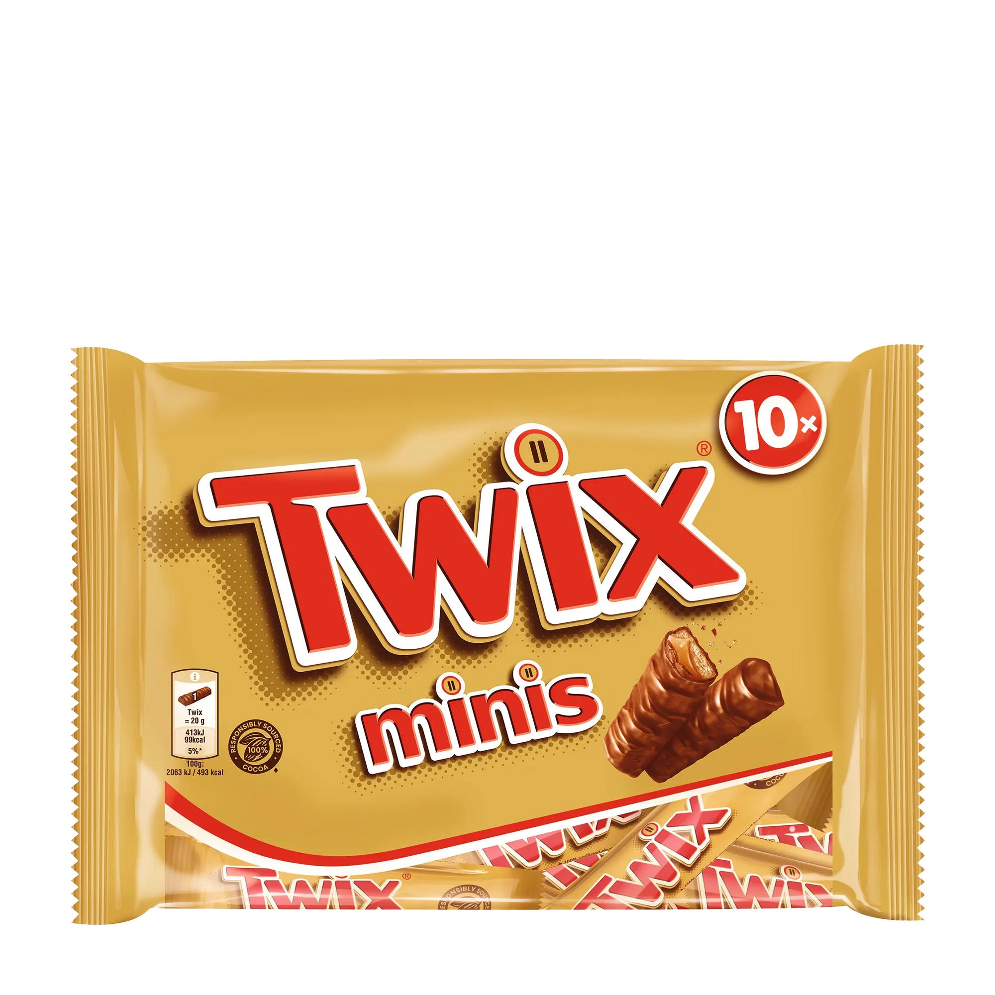 Packaging of Twix minis chocolate bars with gold and red design.