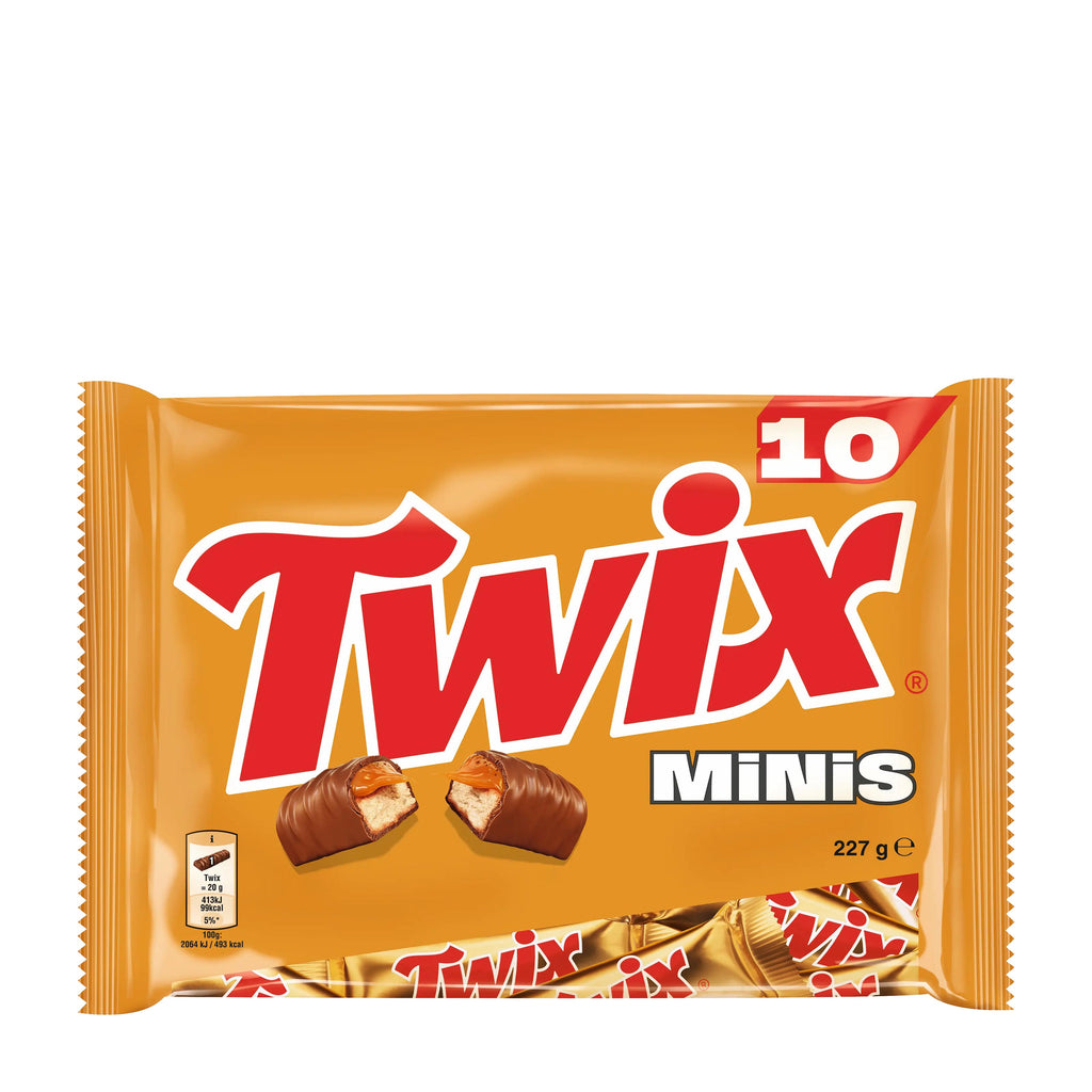 Pack of Twix Minis chocolate bars with gold packaging on a white background
