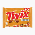 A package of 10 Twix Minis biscuit bars in a golden-orange wrapper with the red Twix logo and white 'Mini' text, shown on a plain white background.