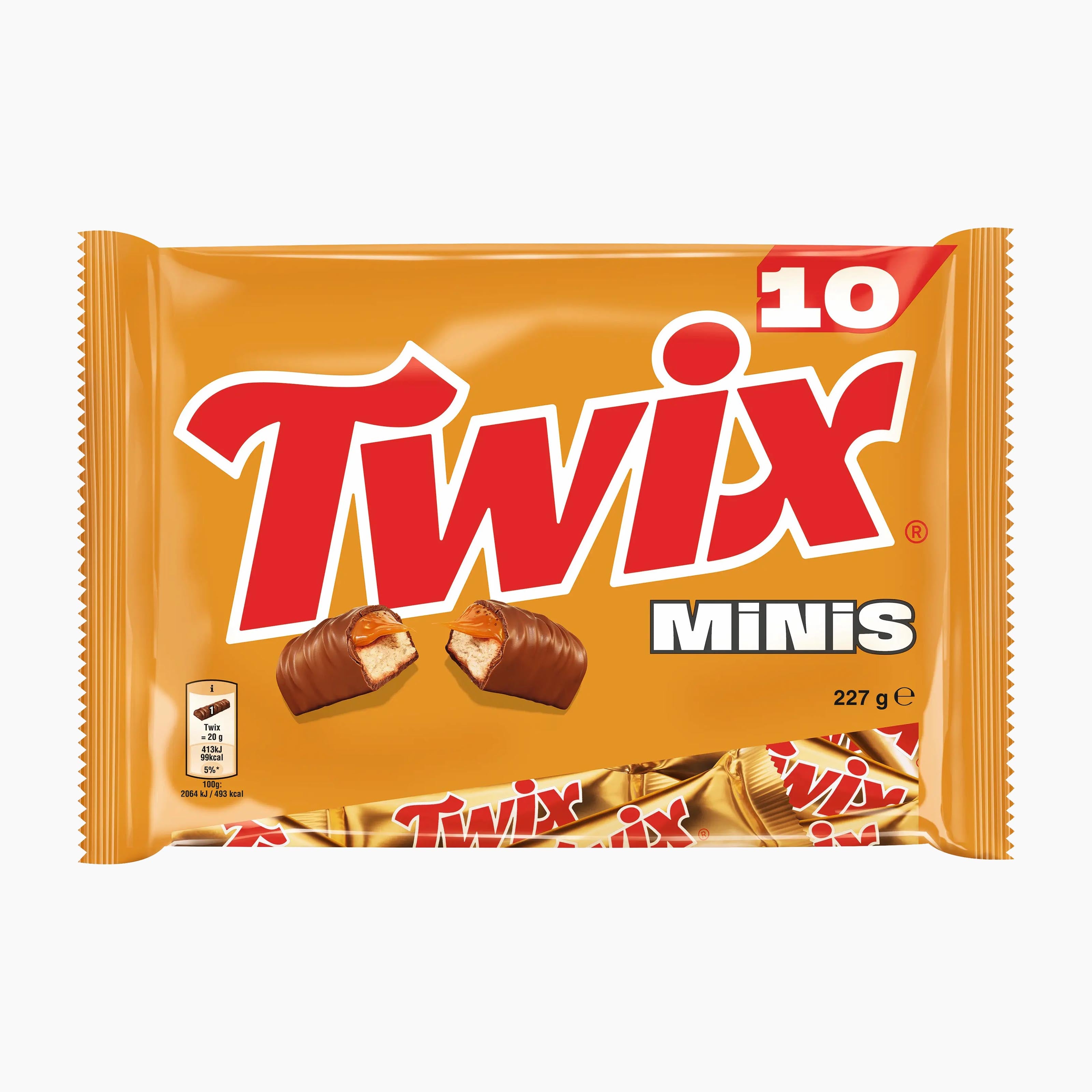A package of 10 Twix Minis biscuit bars in a golden-orange wrapper with the red Twix logo and white 'Mini' text, shown on a plain white background.