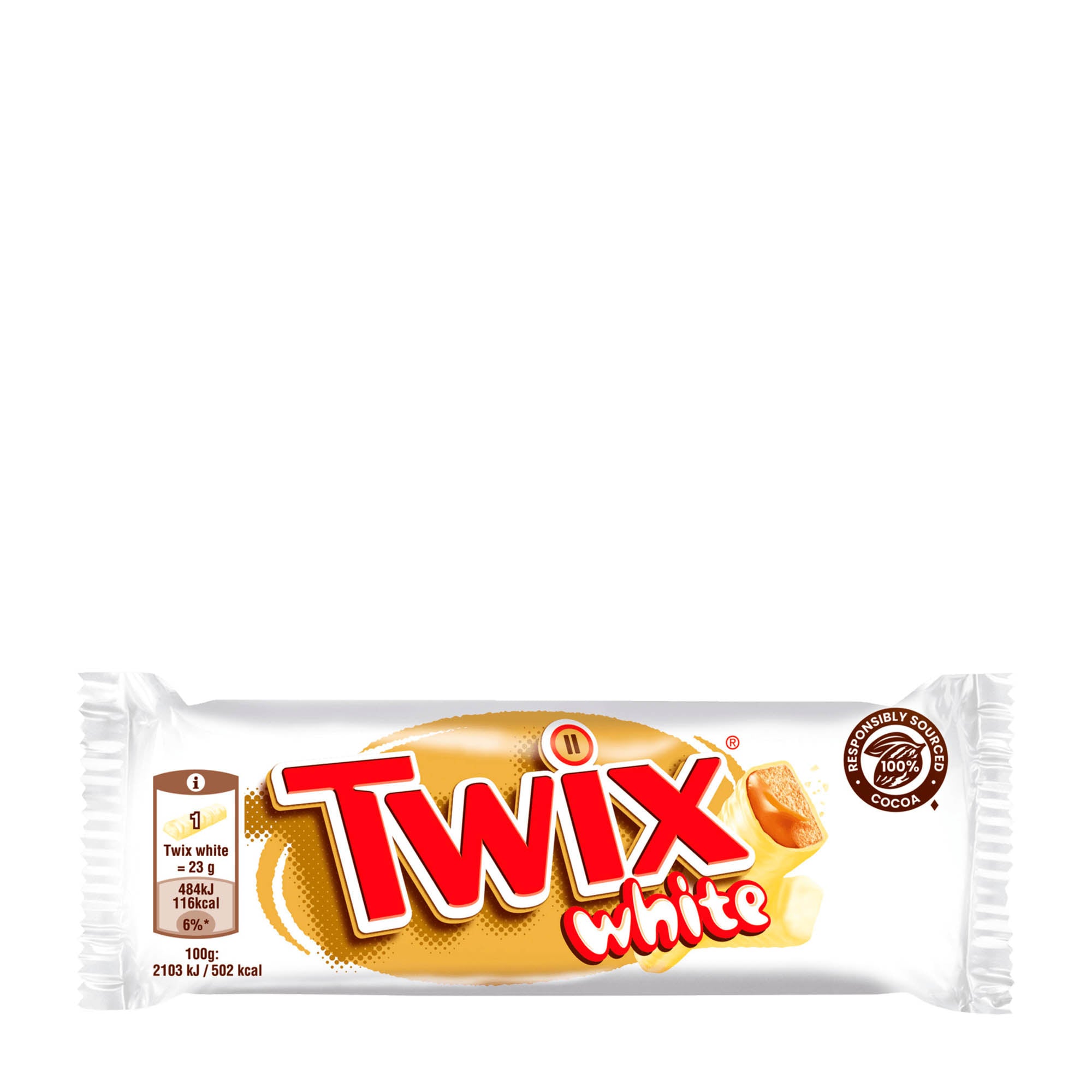 Packaging of Twix white chocolate biscuit bars showing the product name, image of the bar, and the weight of 46g.