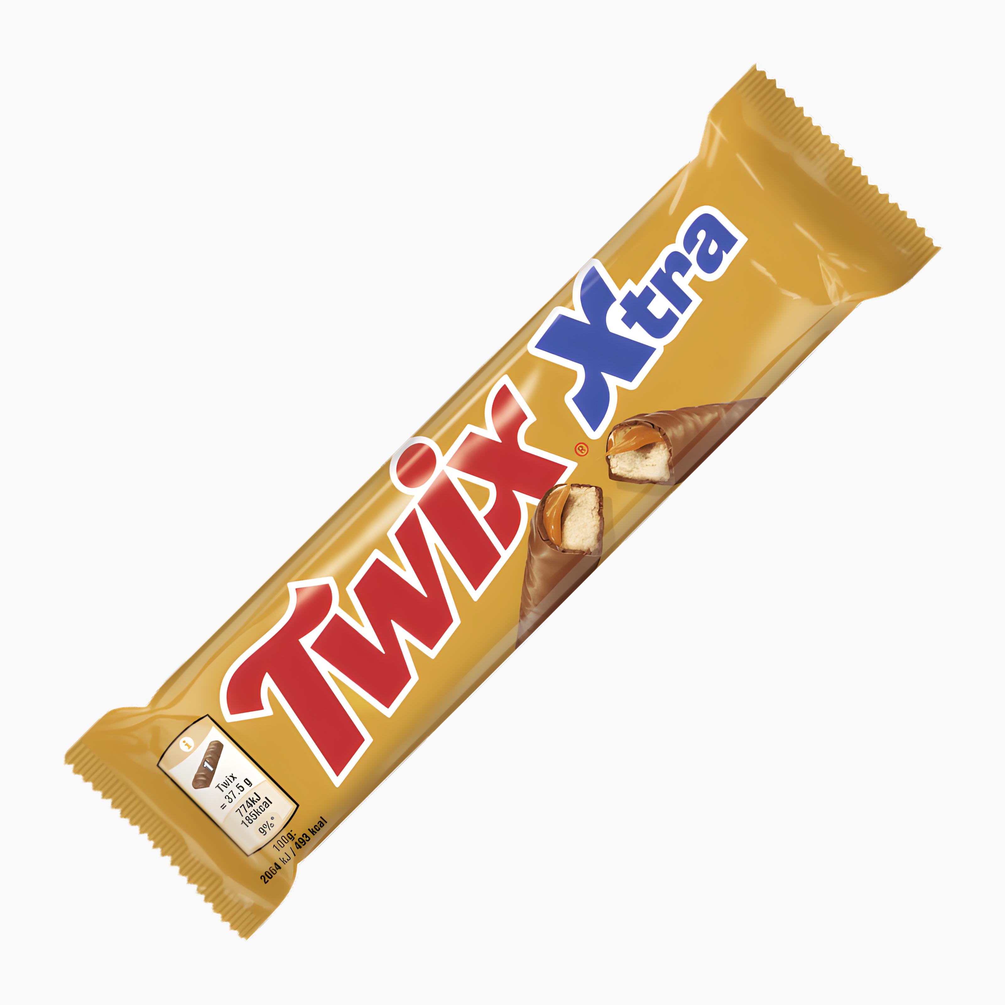 A Twix Xtra biscuit bars in its original golden wrapper, shown diagonally on a plain white background.