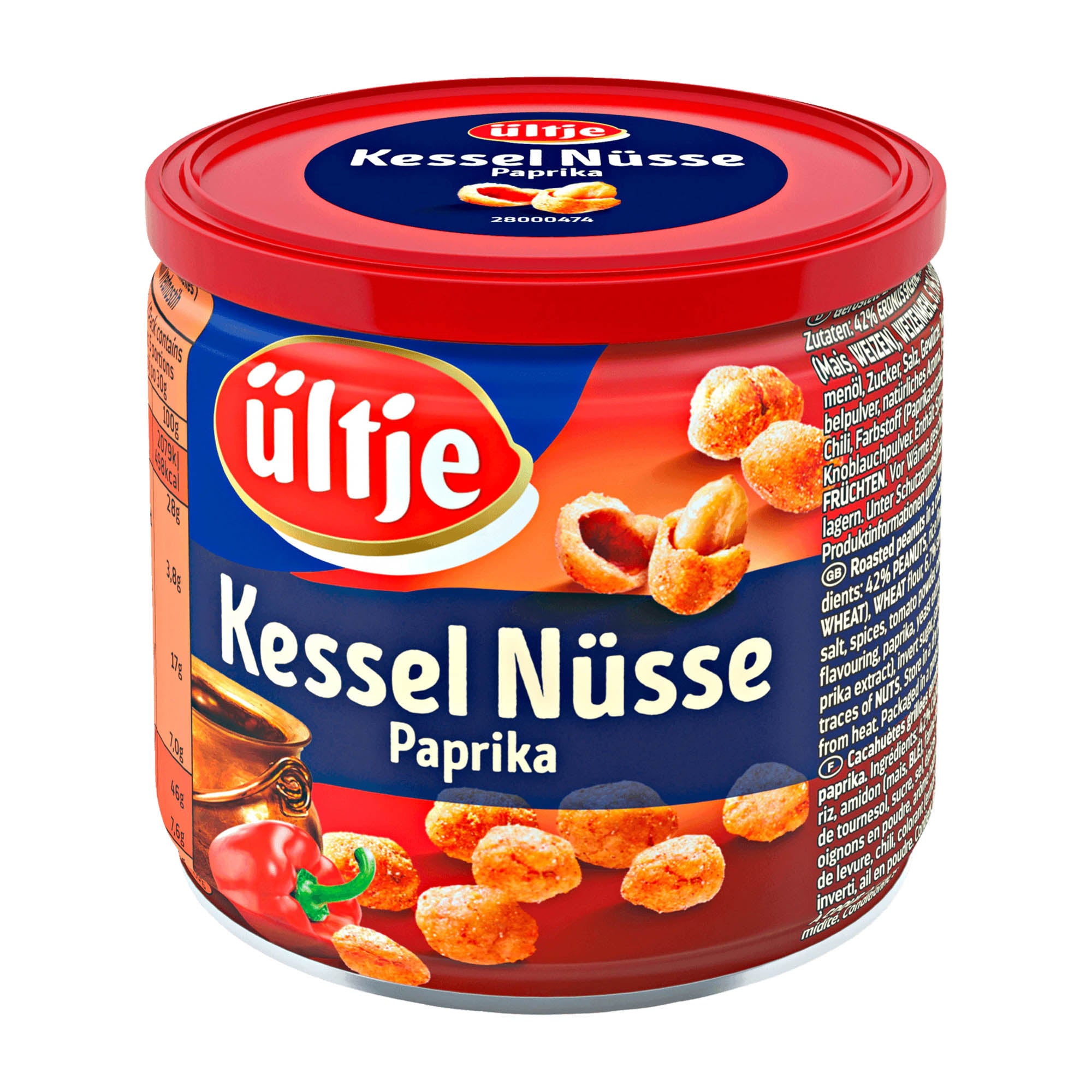 A can of ültje Kettle Nuts Paprika coated peanuts. The can is red with an image of the peanuts and paprika on the label.