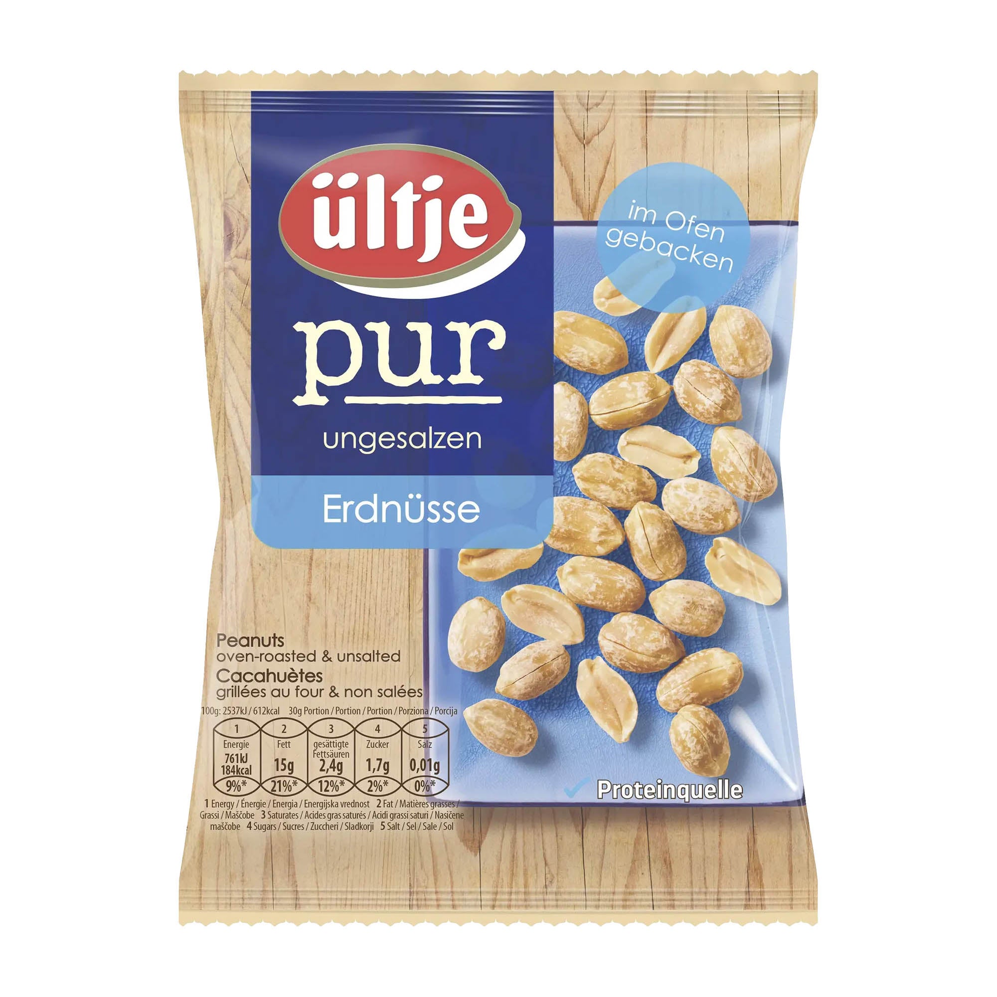 Packaging of ültje Pur unsalted peanuts, showing the product name and peanuts on a blue background.