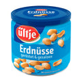 A resealable metal can of ültje roasted salted peanuts, showing the peanuts inside and the brand name on the label.