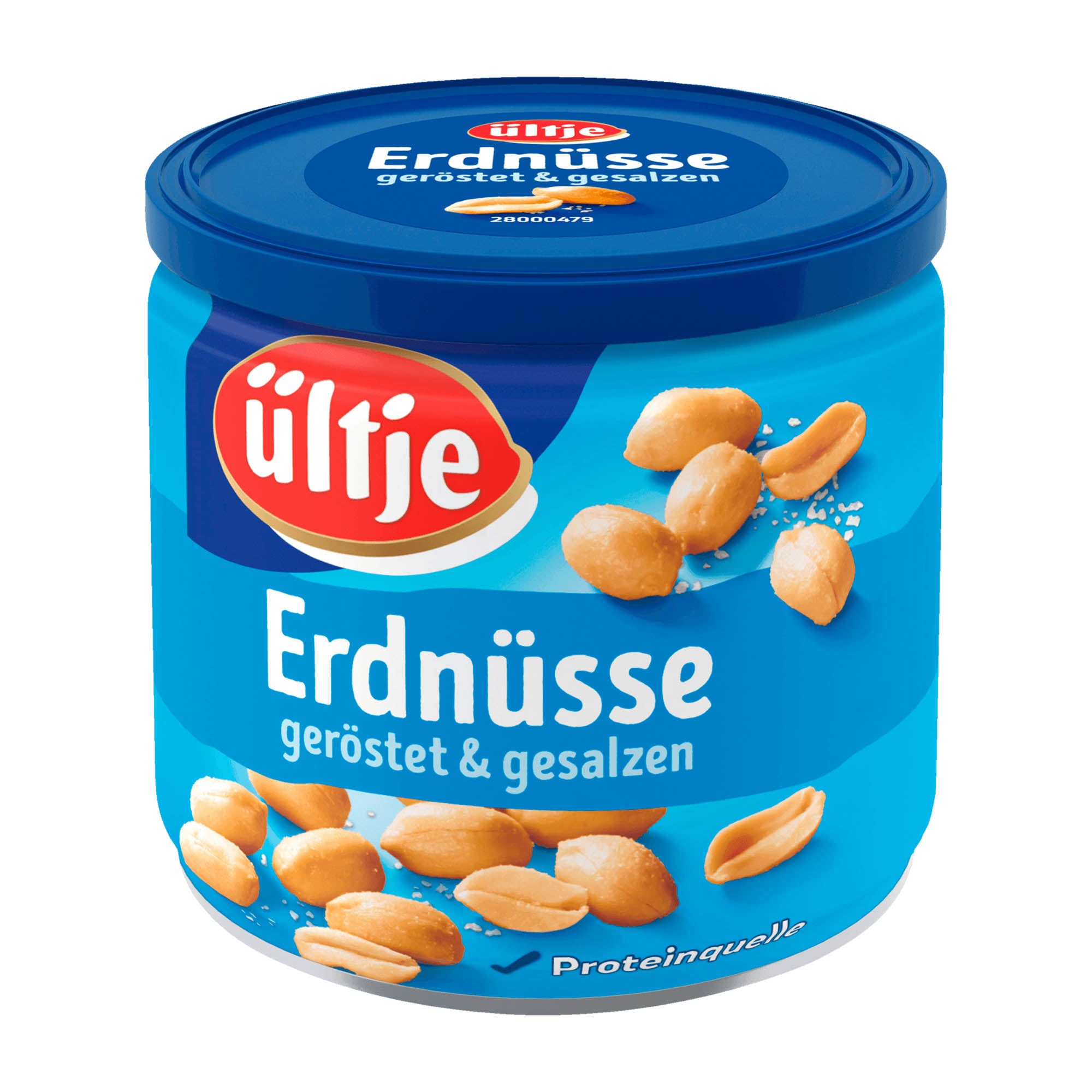 A resealable metal can of ültje roasted salted peanuts, showing the peanuts inside and the brand name on the label.