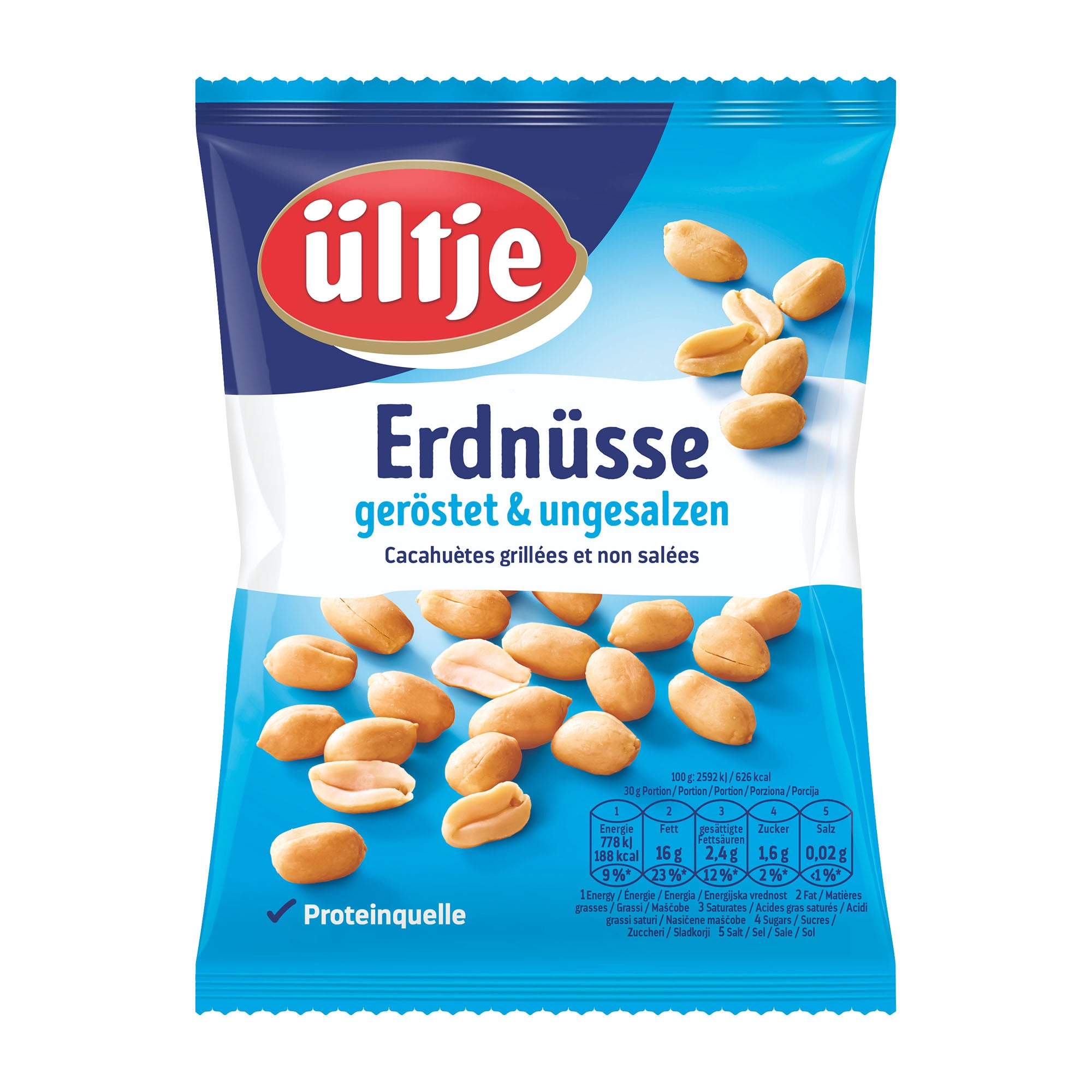 Packaging of ültje roasted unsalted peanuts, showing the peanuts and the brand name.