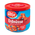 A tin can of ültje Spicy Oven-roasted peanuts, 180 g, with a red lid and blue label, displaying the product name and images of the roasted peanuts.