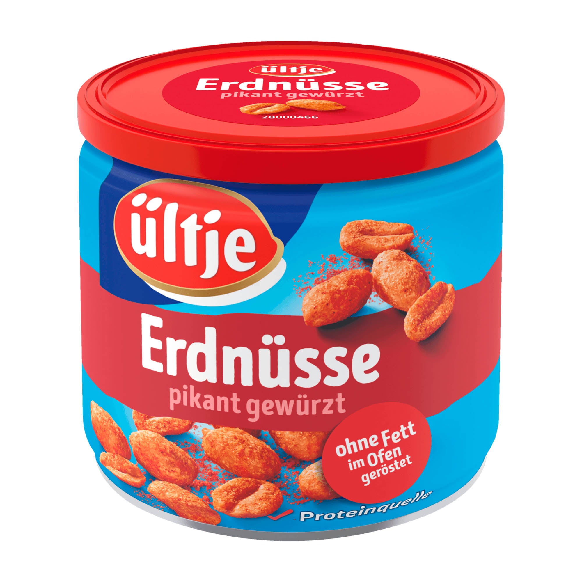 A tin can of ültje Spicy Oven-roasted peanuts, 180 g, with a red lid and blue label, displaying the product name and images of the roasted peanuts.