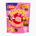 A package of ültje Swavy Hot Honey Choco Nuts & More, featuring a bright pink bag with yellow lettering, a red honeycomb graphic, and illustrations of chocolate-covered and plain nuts.