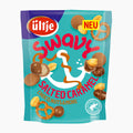 A bag of ültje Swavy Salted Caramel chocolates with nuts and more, featuring a bright turquoise and purple packaging design with red lettering and illustrations of the product.