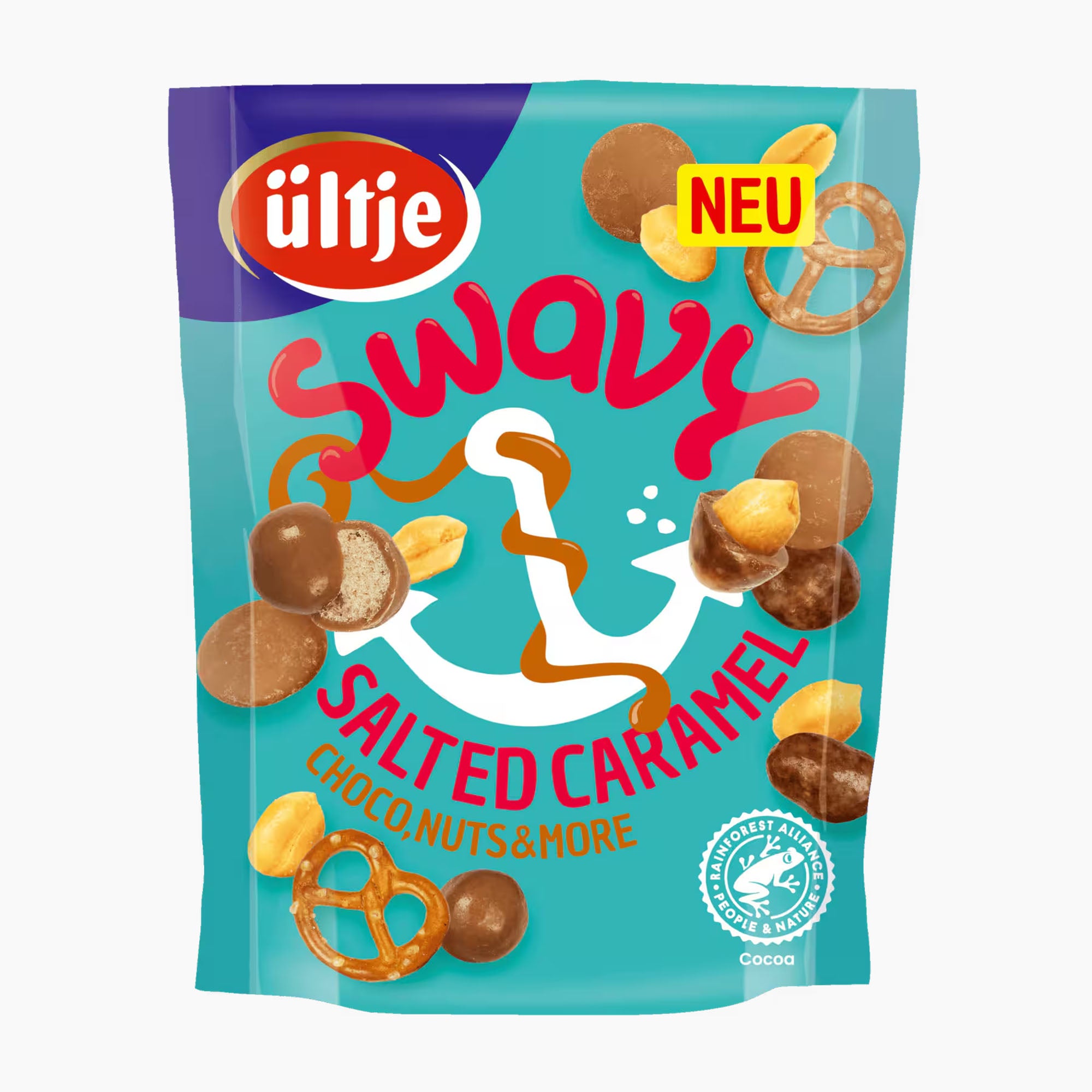 A bag of ültje Swavy Salted Caramel chocolates with nuts and more, featuring a bright turquoise and purple packaging design with red lettering and illustrations of the product.