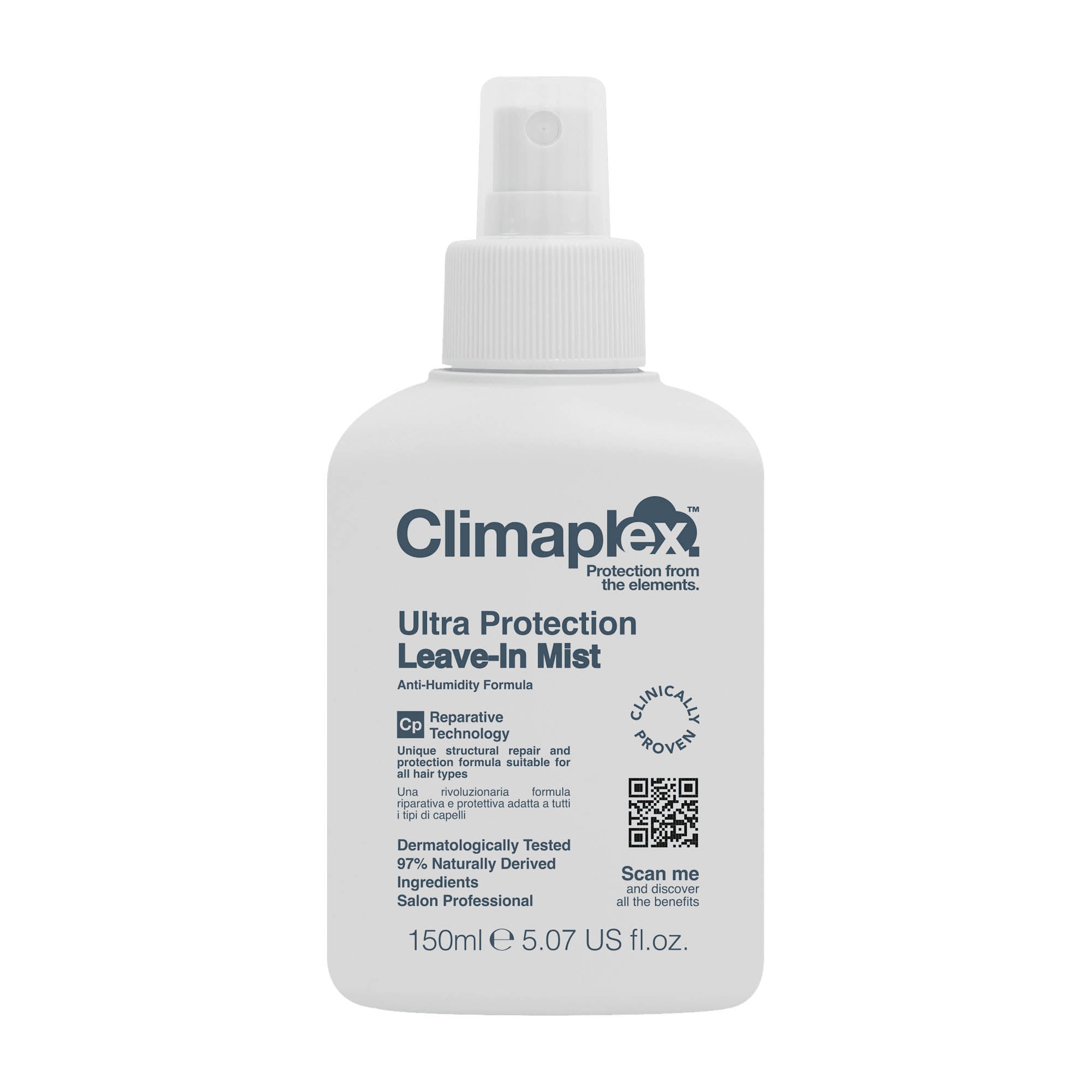 Climaplex ultra protection leave-in mist bottle on a white background