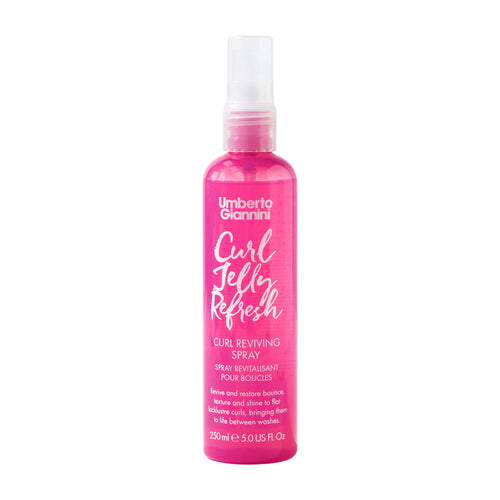 Pink bottle of Umberto Giannini Curl Jelly Refresh spray on a white background