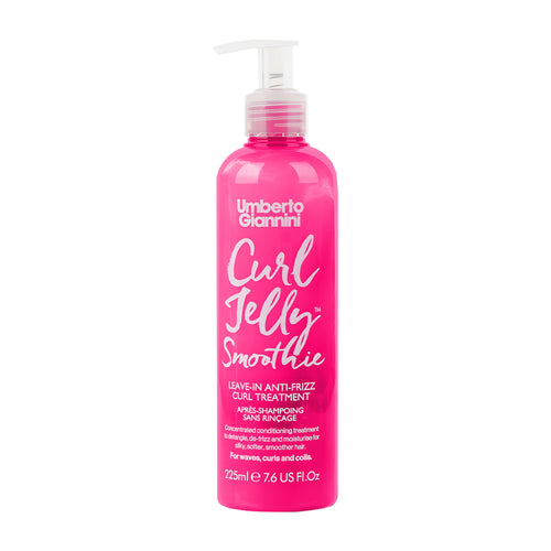 Pink pump bottle of Umberto Giannini Curl Jelly Smoothie Leave-in Anti-frizz Curl Treatment on a white background.
