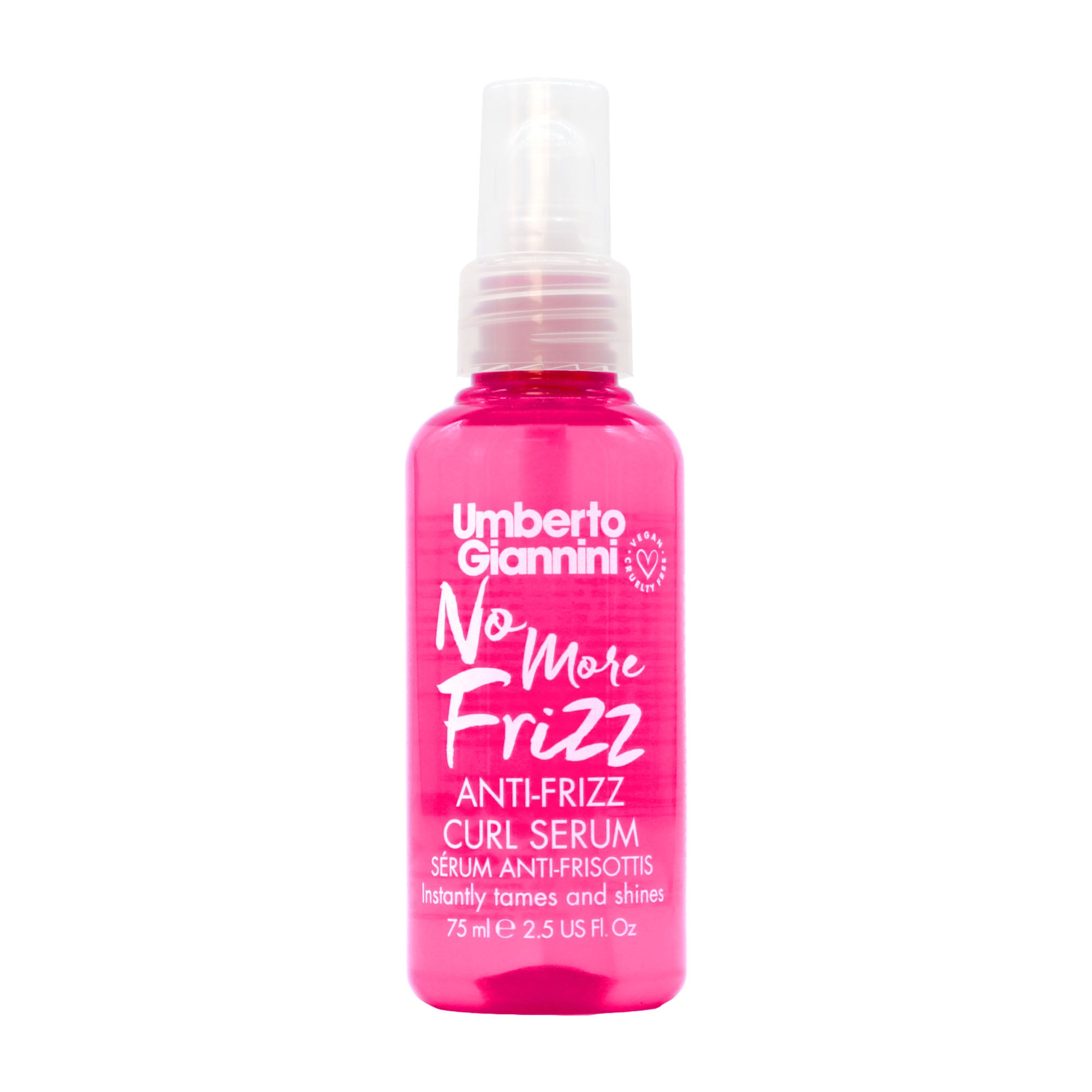 Pump bottle of Umberto Giannini No More Frizz Anti-Frizz Curl Serum on a white background