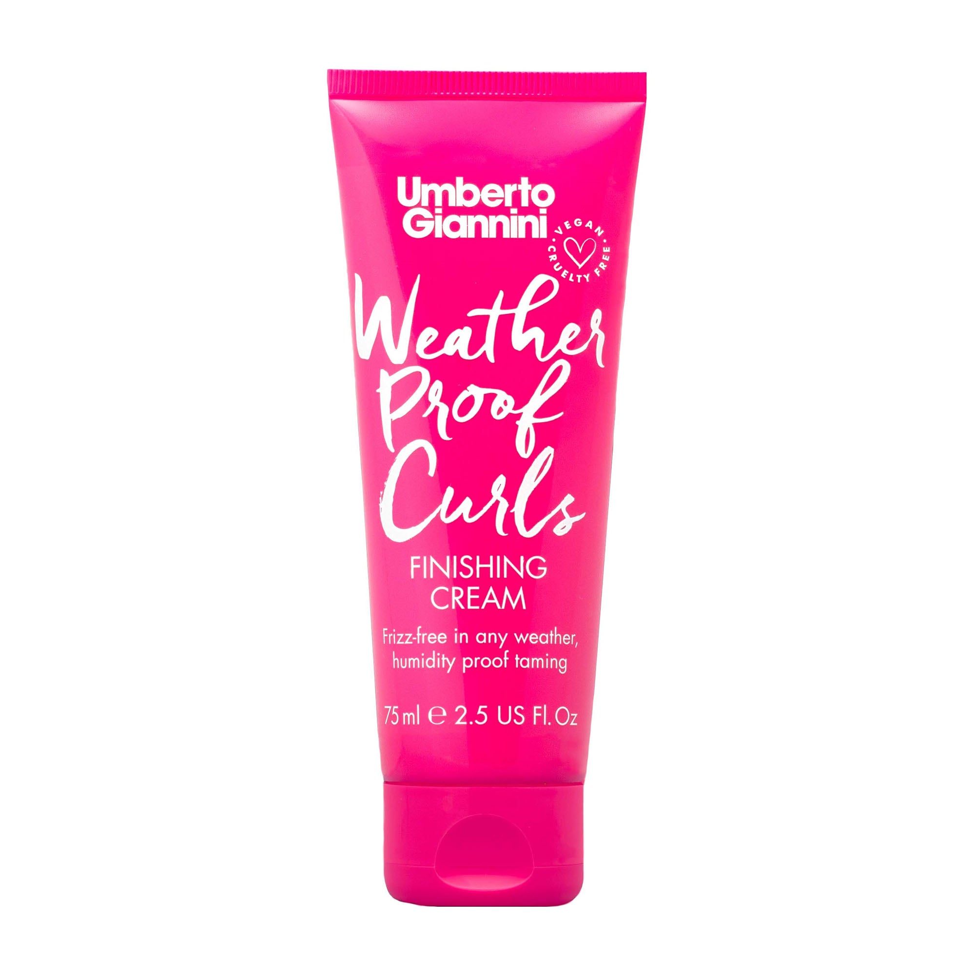 Pink tube of Umberto Giannini Weather Proof Curls Finishing Cream on a white background