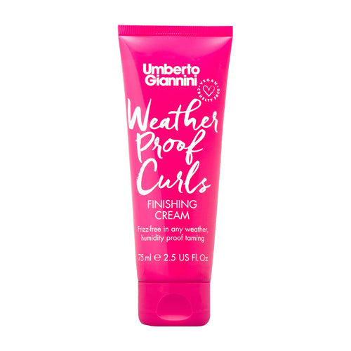 Pink tube of Umberto Giannini Weather Proof Curls Finishing Cream on a white background