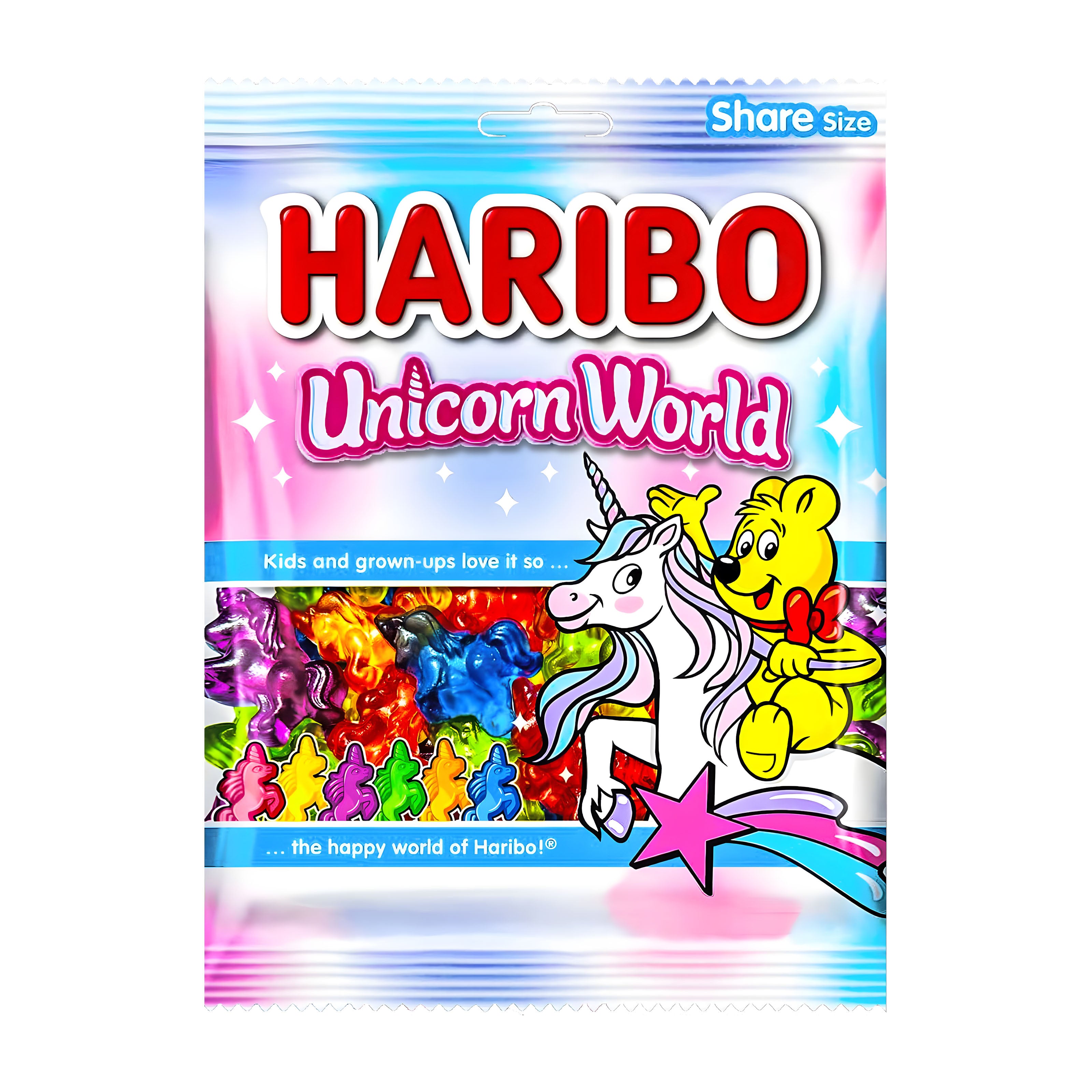 Haribo Unicorn World gummy candy packaging on a white background