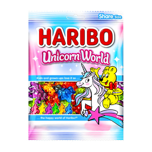 Haribo Unicorn World gummy candy packaging on a white background