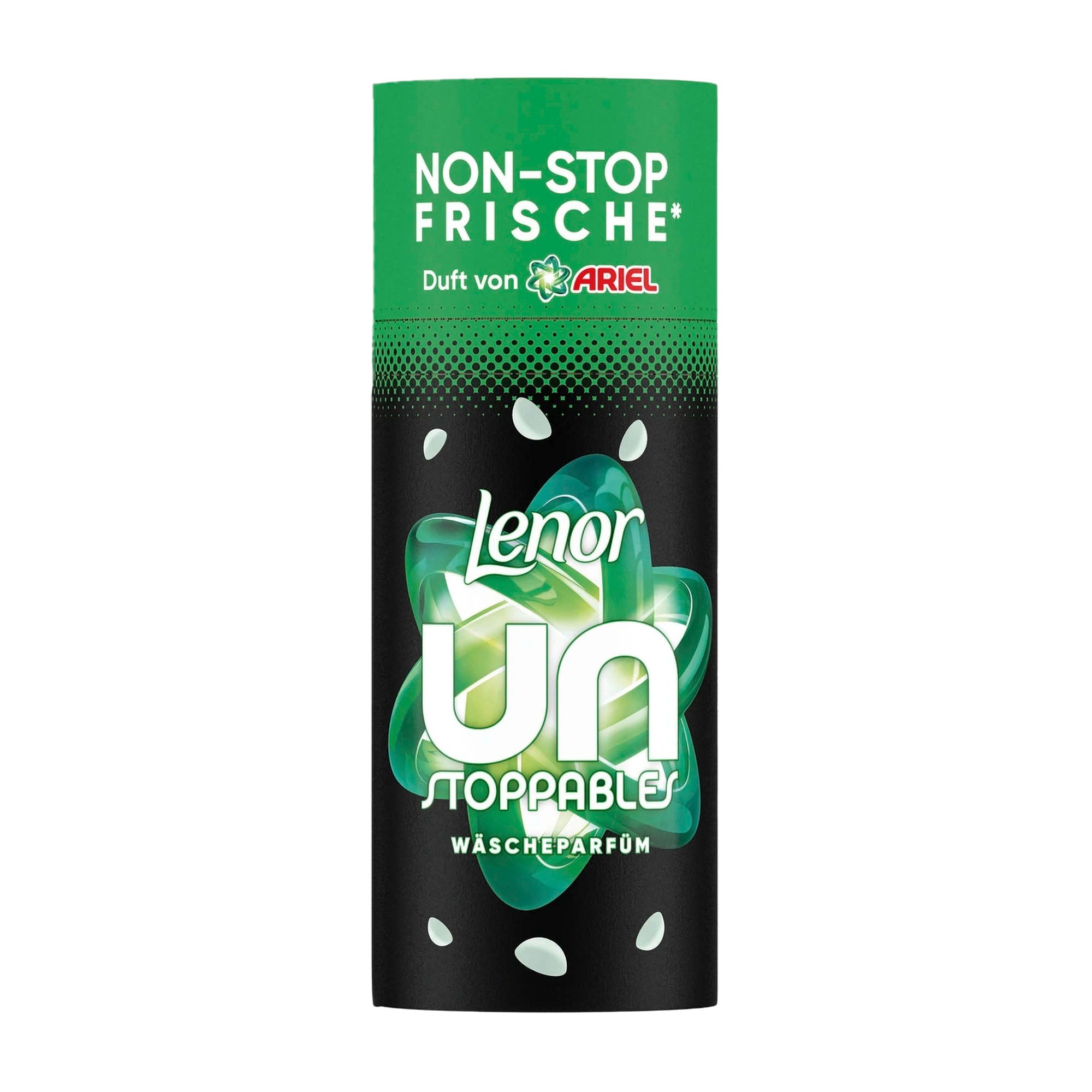 Lenor Unstoppables Ariel laundry perfume pearls packaging with green and black design on a white background