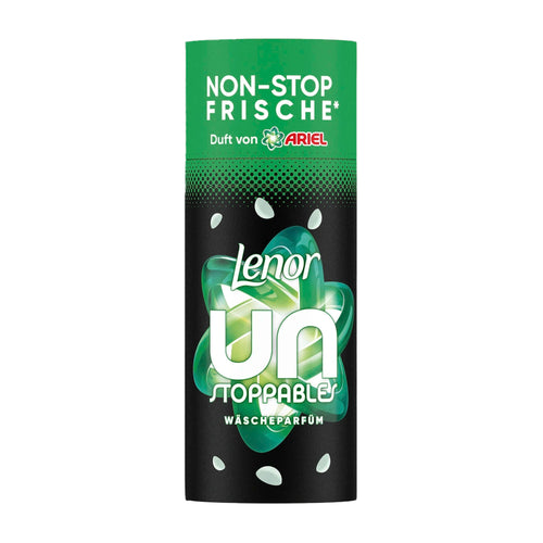 Lenor Unstoppables Ariel laundry perfume pearls packaging with green and black design on a white background