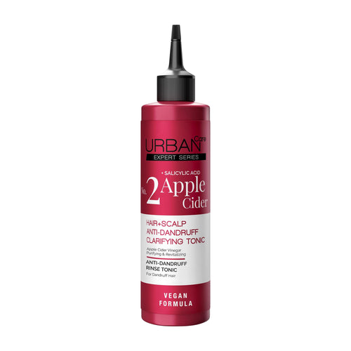 Red bottle of Urban Expert Series Apple Cider Hair and Scalp Anti-Dandruff Clarifying Tonic on a white background
