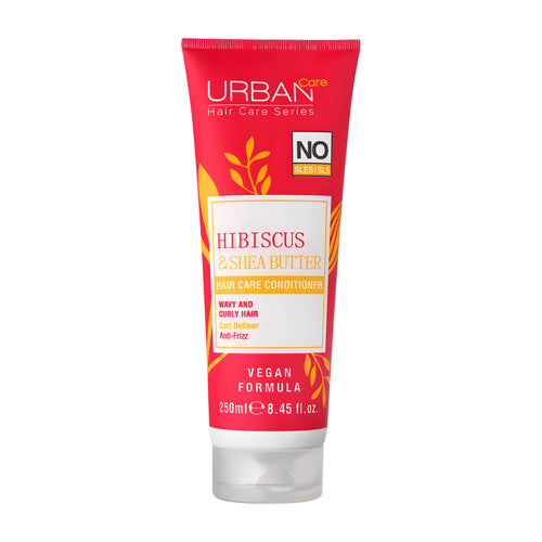 Tube of Urban Care Hibiscus & Shea Butter hair care conditioner on a white background