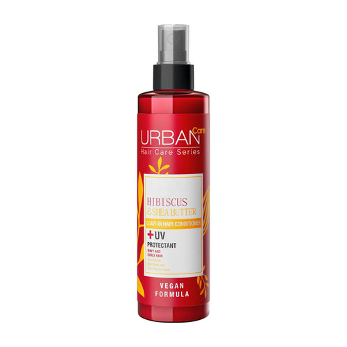 Bottle of Urban Care Hibiscus & Shea Butter leave-in conditioner on a white background