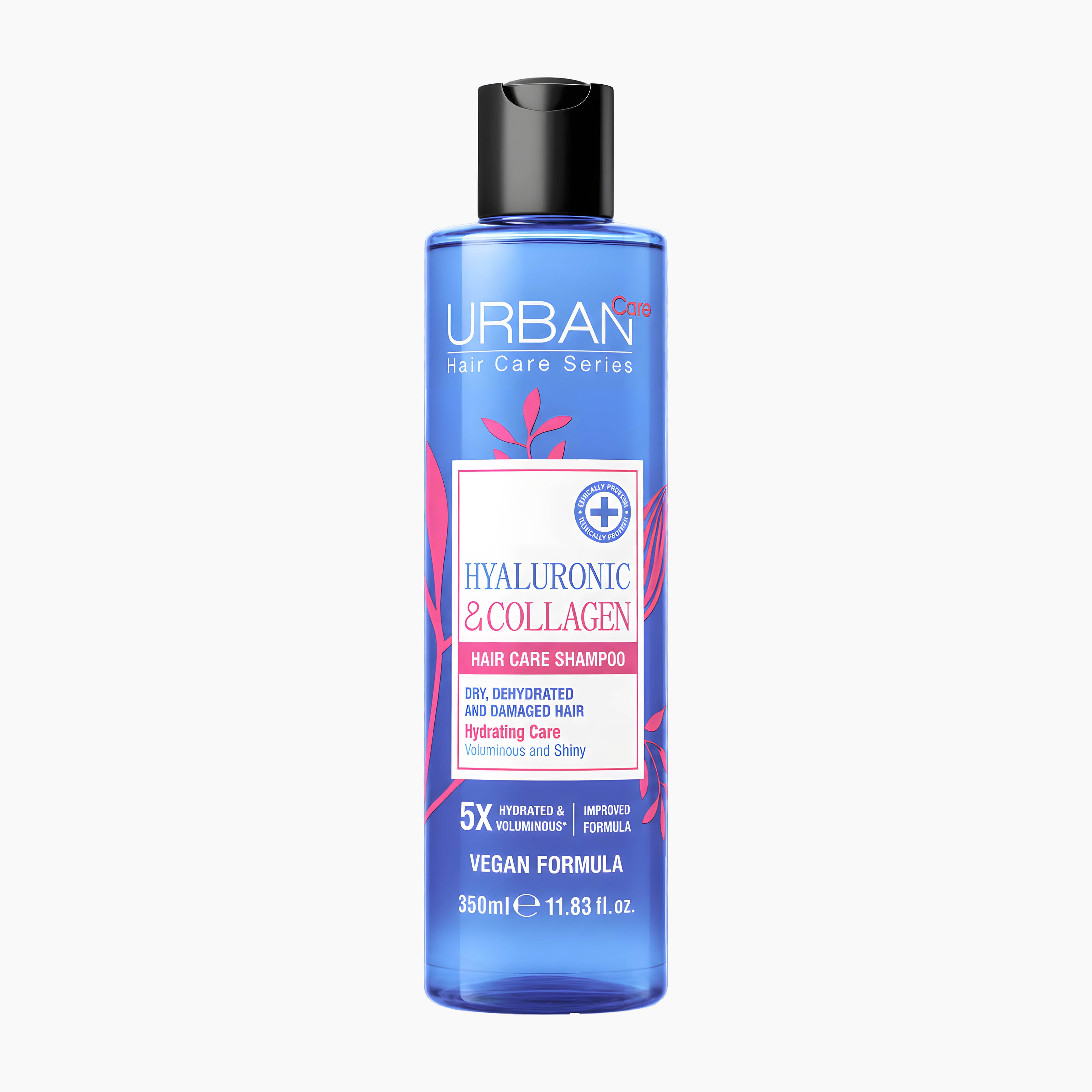 Urban Care Hyaluronic & Collagen Hair Care Shampoo in a 350ml blue bottle with a black cap, shown on a light gray background.
