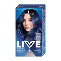A box of Schwarzkopf LIVE U67 Blue Mercury permanent hair color with an image of a woman showing off her blue mercury colored hair. The packaging is predominantly blue with white and silver text and details.