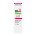 A box of sebamed Urea Acute hand cream with a white background and green and pink text, highlighting the product name and features.