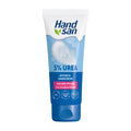 A tube of Handsan 5% Urea Intensive Hand Cream with a blue and white packaging, indicating 24h moisture, 5% urea, and free from dyes, parabens, and mineral oils.