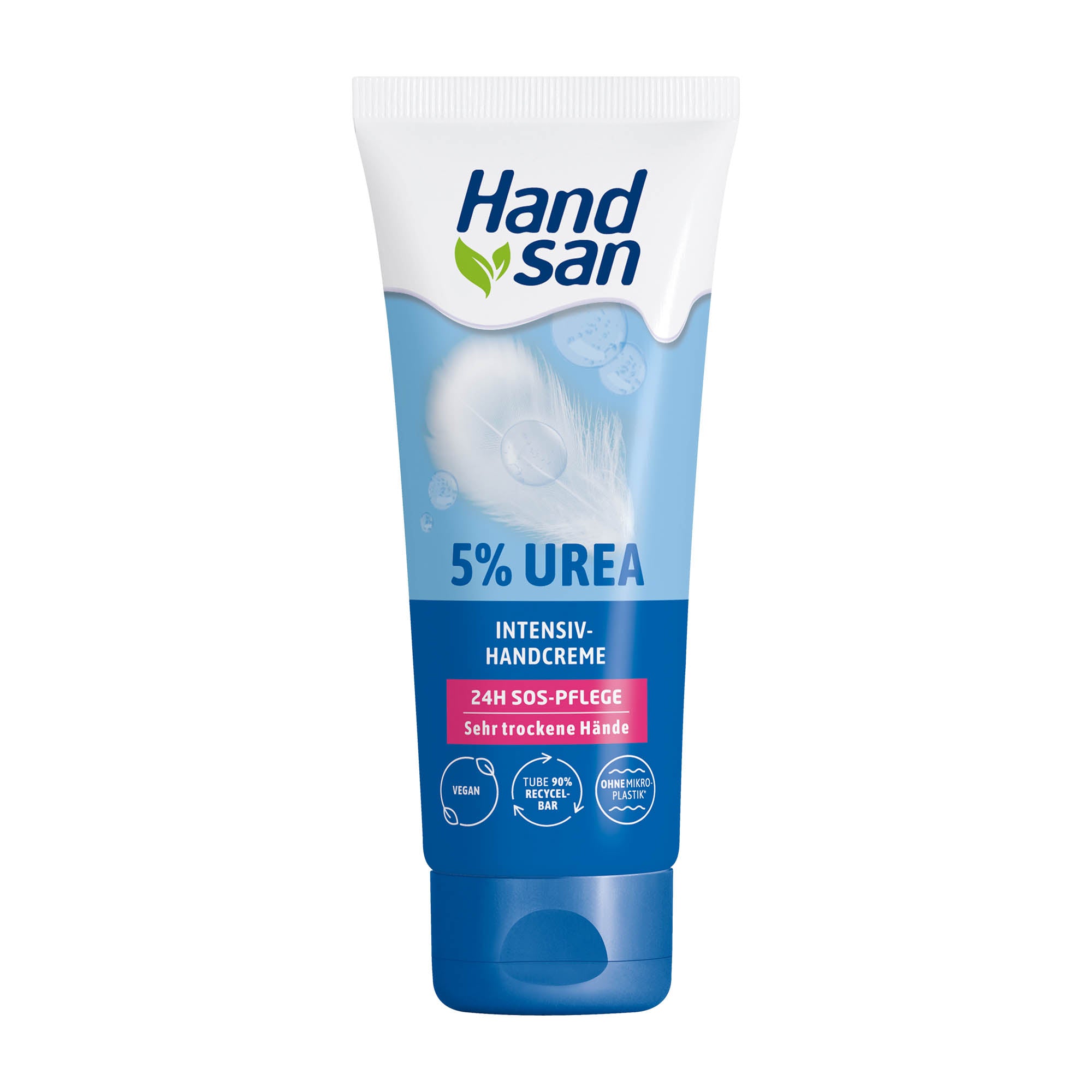 A tube of Handsan 5% Urea Intensive Hand Cream with a blue and white packaging, indicating 24h moisture, 5% urea, and free from dyes, parabens, and mineral oils.