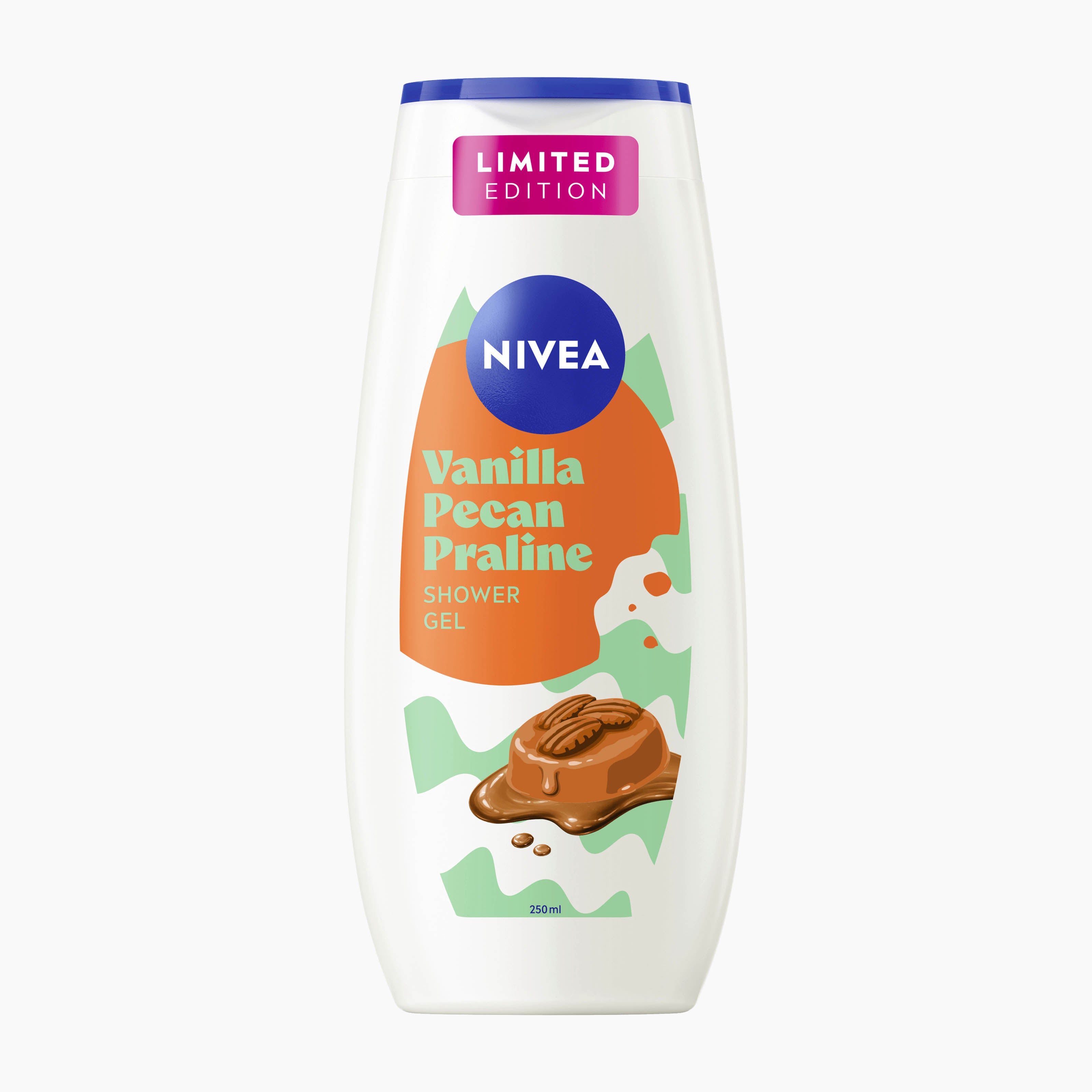 Nivea Vanilla Pecan Praline Shower Gel in a white bottle with a blue cap, featuring an orange and green label with a chocolate pecan graphic.