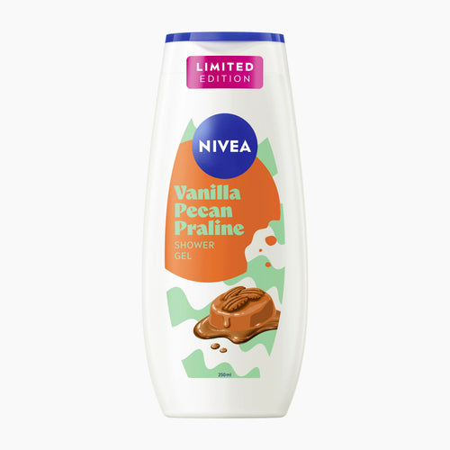 Nivea Vanilla Pecan Praline Shower Gel in a white bottle with a blue cap, featuring an orange and green label with a chocolate pecan graphic.